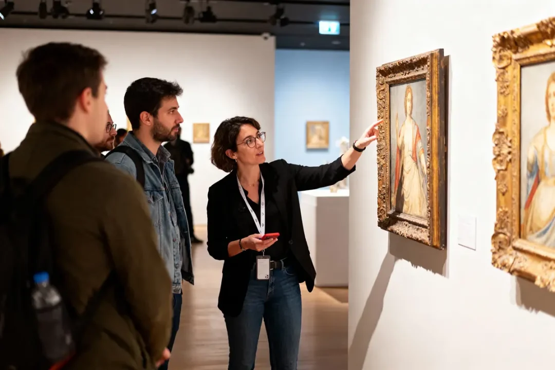 Personne montrant des peintures dans une galerie d'art à un groupe de visiteurs attentifs.