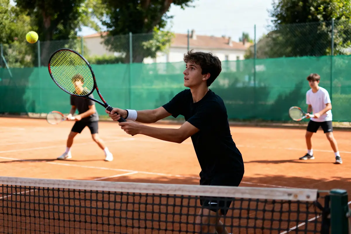 Trois joueurs de tennis pratiquent sur un court en terre battue, filet au premier plan.