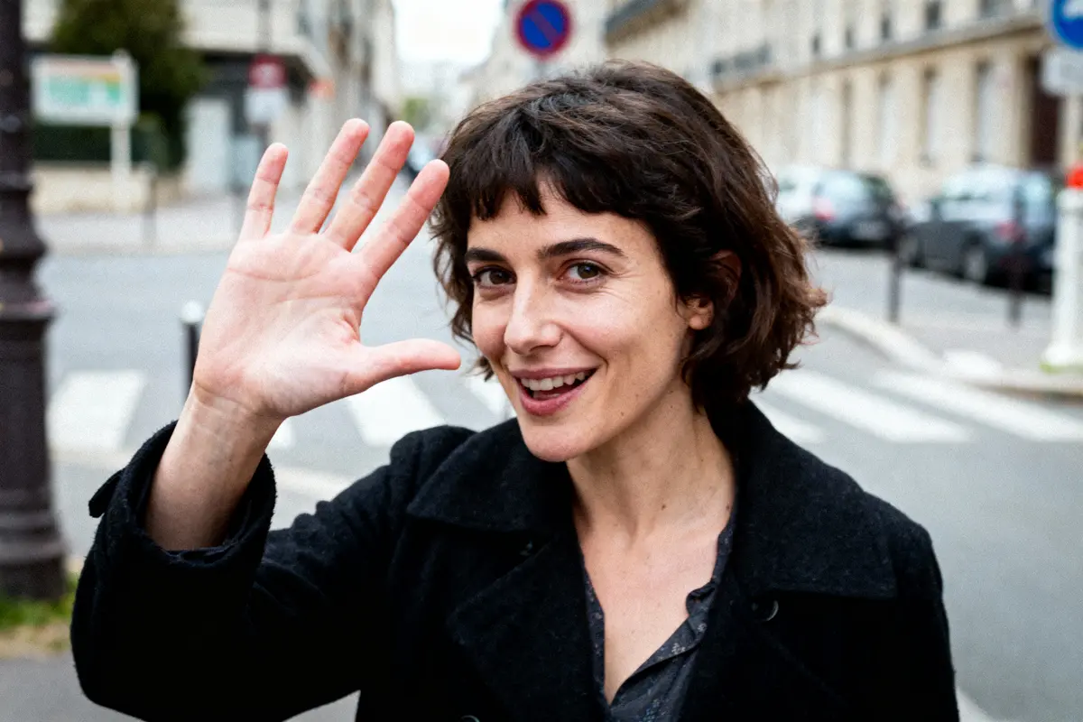 Une femme souriante, cheveux courts, lève la main dans une rue urbaine.