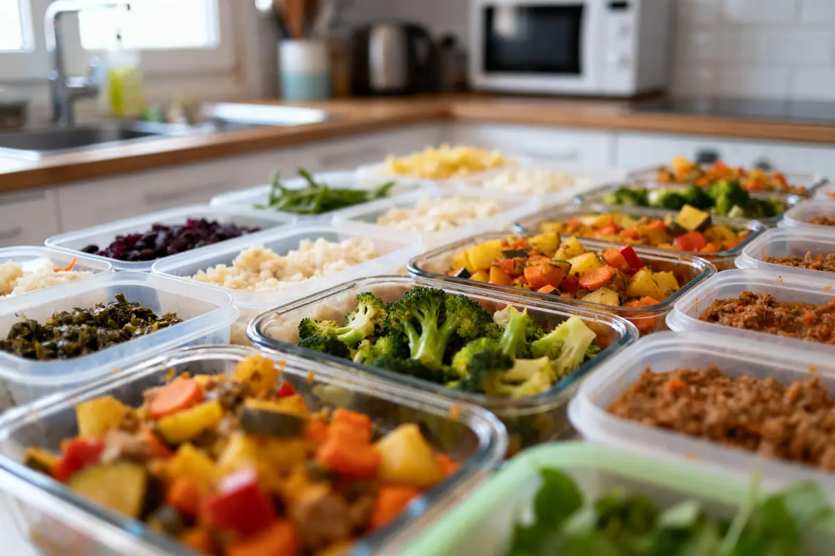 Boîtes remplies de légumes variés, viandes et graines sur une cuisine moderne.