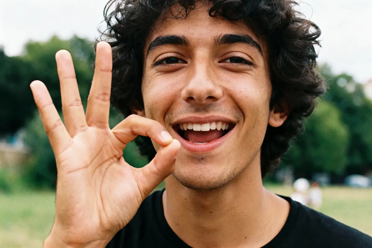 Jeune homme souriant faisant un signe de la main « OK » dans un parc verdoyant.
