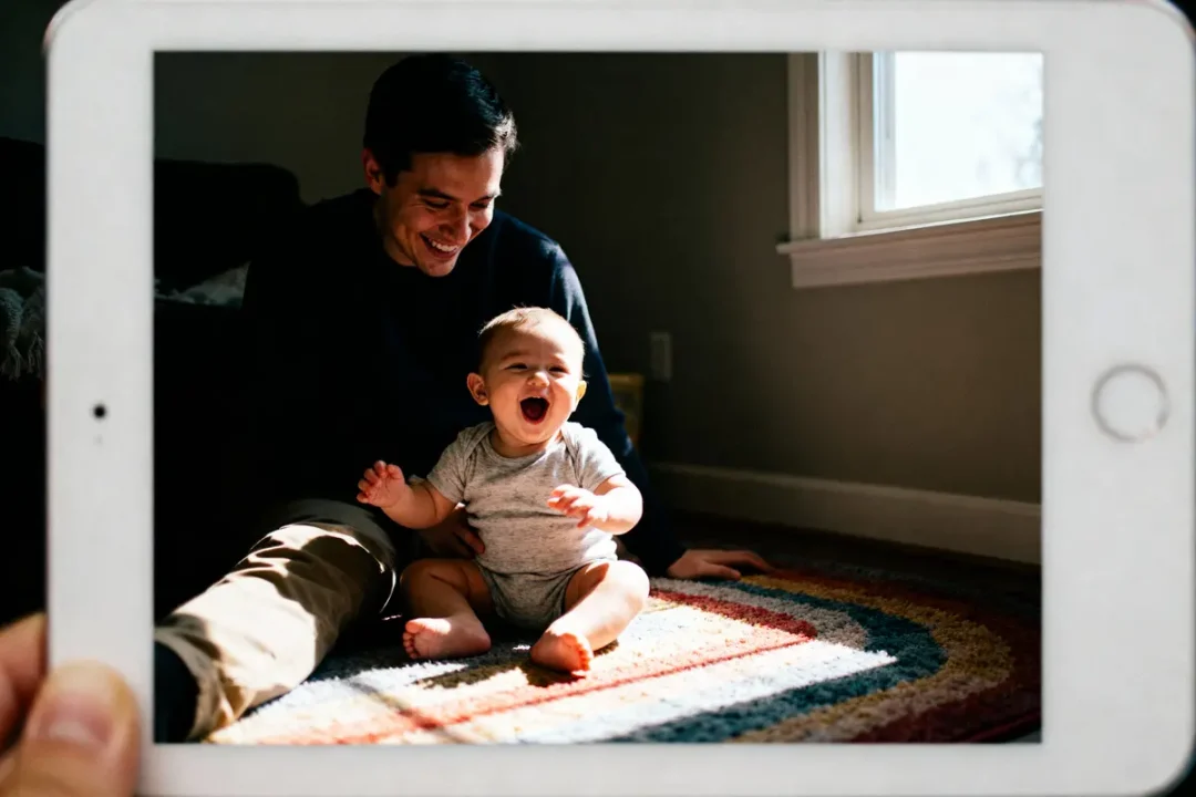 Bébé souriant assis sur tapis coloré, adulte derrière, intérieur éclairé par lumière naturelle.