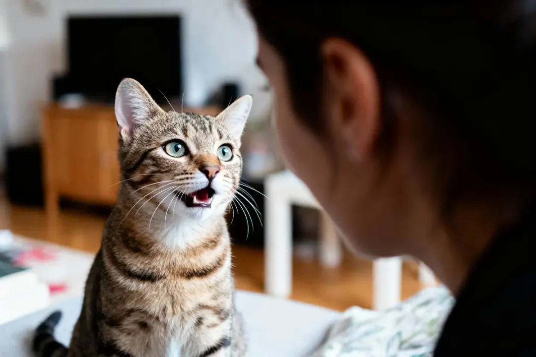 Chat tigré miaulant, face à une personne floue, dans un intérieur chaleureux, parquet en bois.