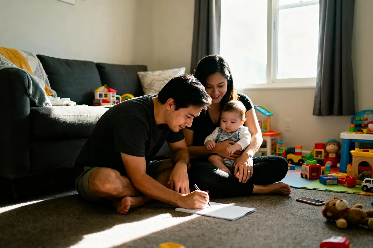 Un couple et leur bébé assis sur le sol, entourés de jouets colorés, éclairés par une fenêtre.