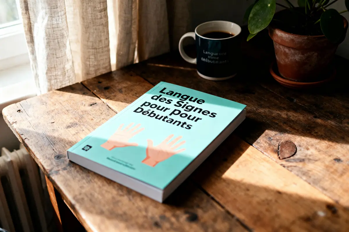 Livre "Langue des Signes pour Débutants" sur table en bois, tasse de café et plante à côté.