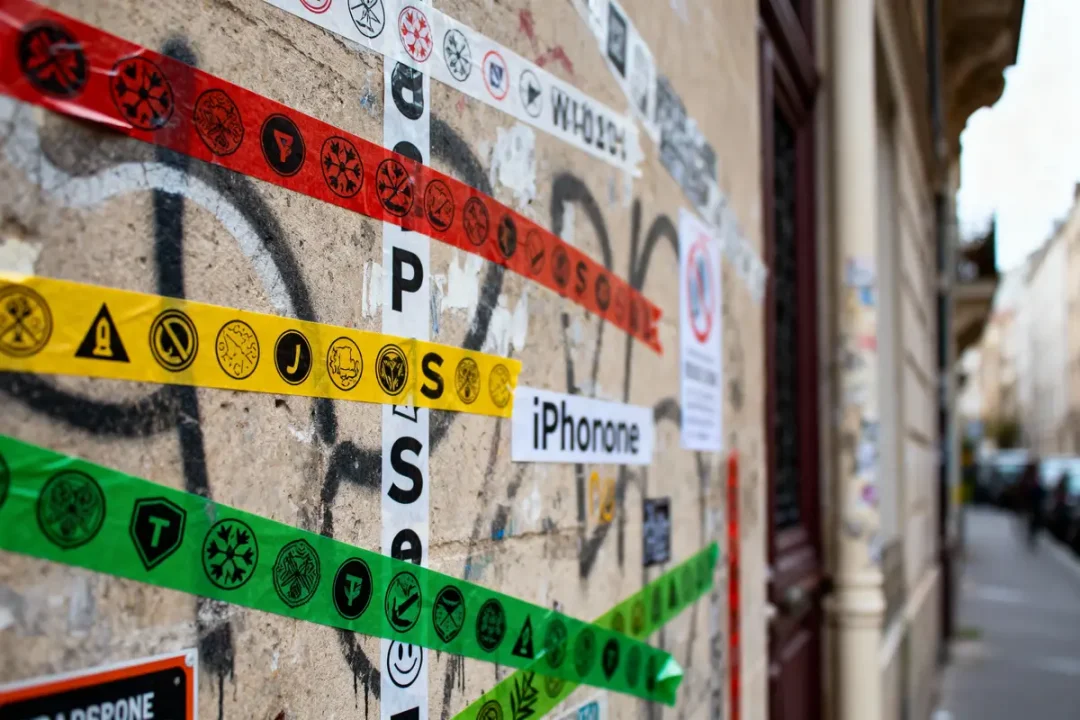 Mur couvert de bandes colorées et affiches avec des symboles variés sur fond de graffitis. Rue floue en arrière-plan.