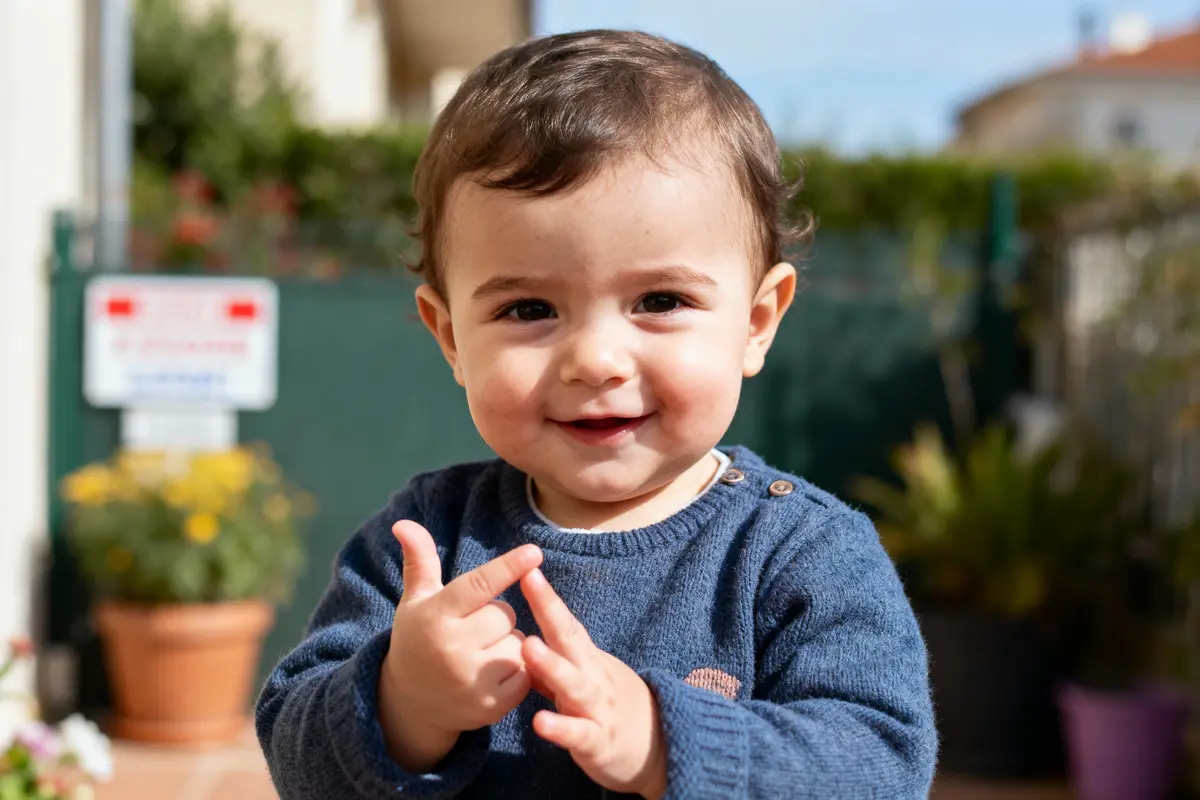 Bébé souriant en pull bleu fait un geste avec les mains, extérieur en arrière-plan flou.