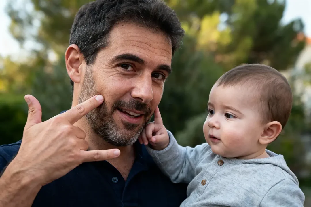 Un homme souriant avec bébé dans les bras, faisant des gestes, fond flou de verdure.