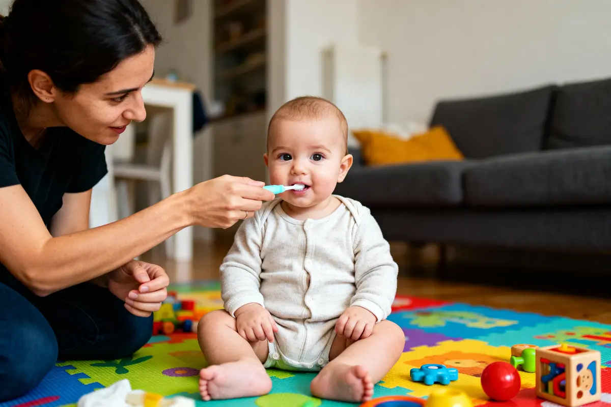 Adulte nourrissant bébé assis sur tapis coloré, jouets autour, dans un salon avec canapé gris.