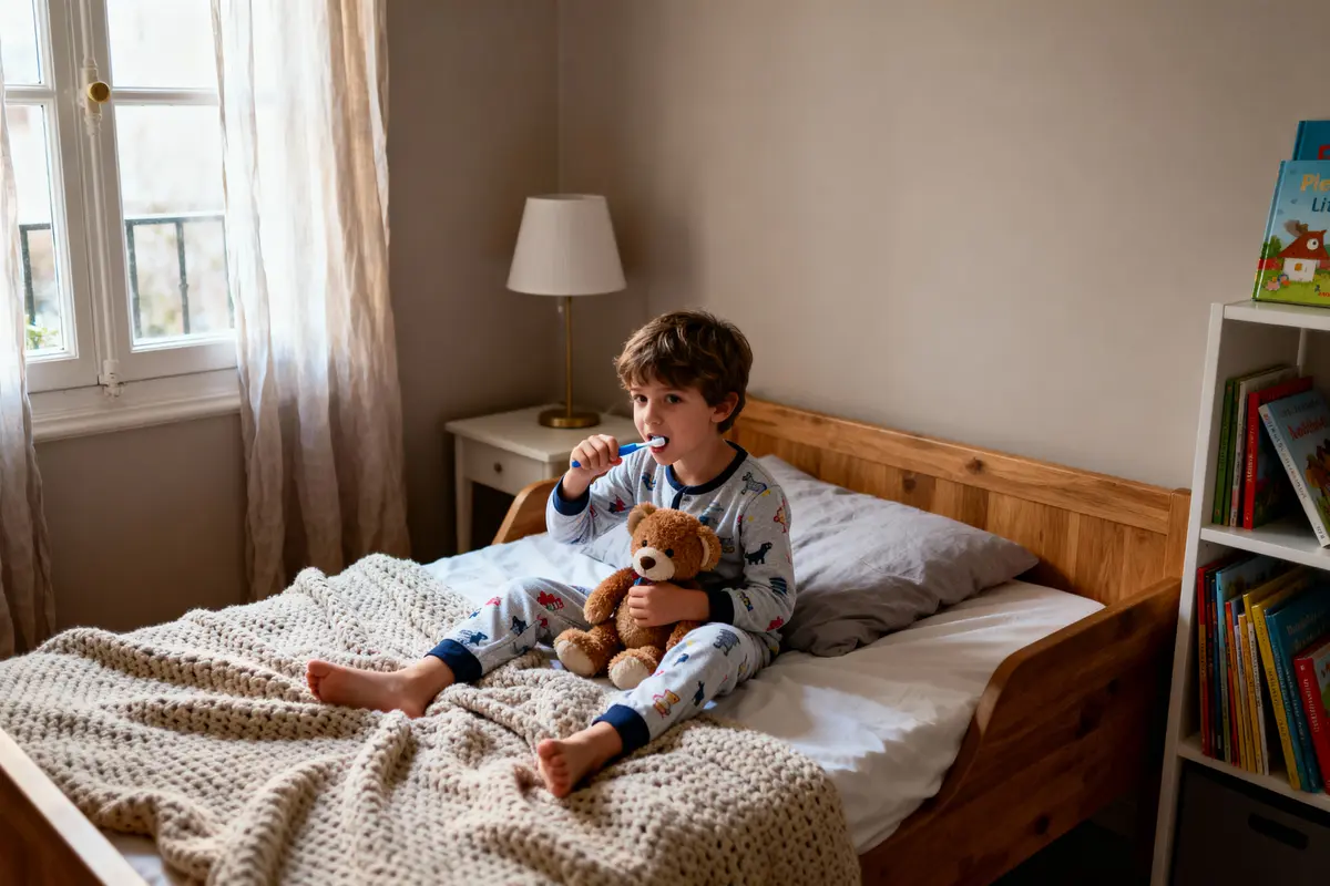 Enfant en pyjama sur lit brossant les dents, tenant un ours en peluche, chambre accueillante.
