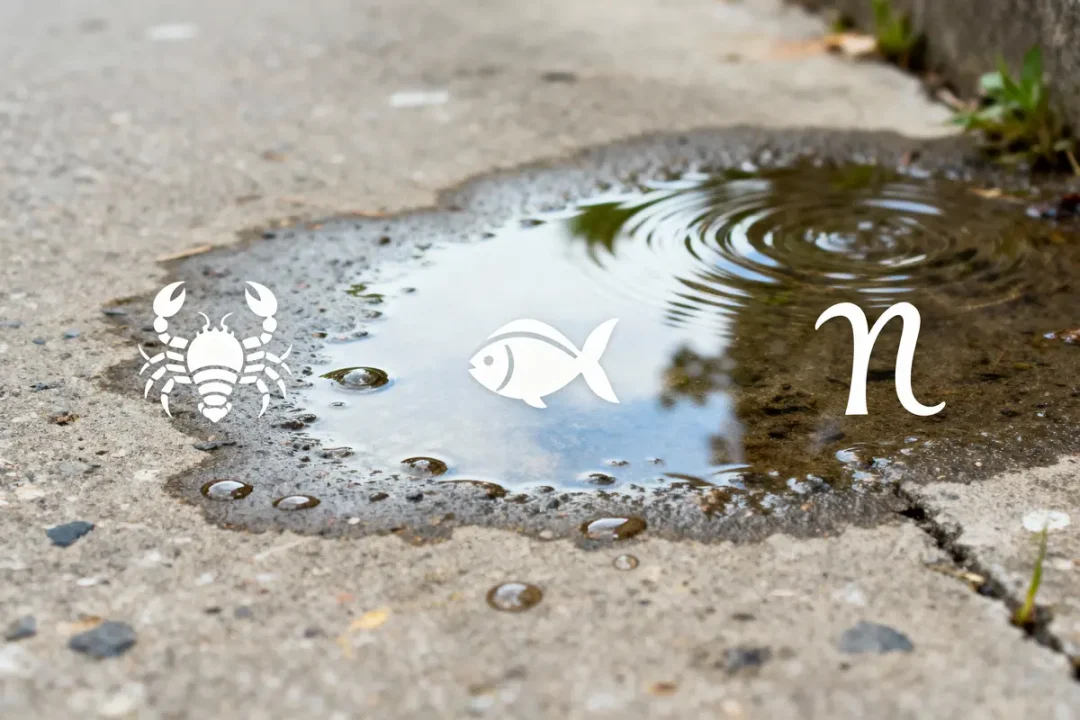 Flaque d'eau sur trottoir avec dessins de scorpion, poisson et symbole "n".