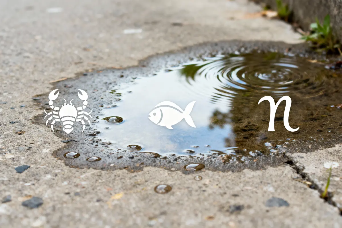 Flaque d'eau sur trottoir avec dessins de scorpion, poisson et symbole "n".