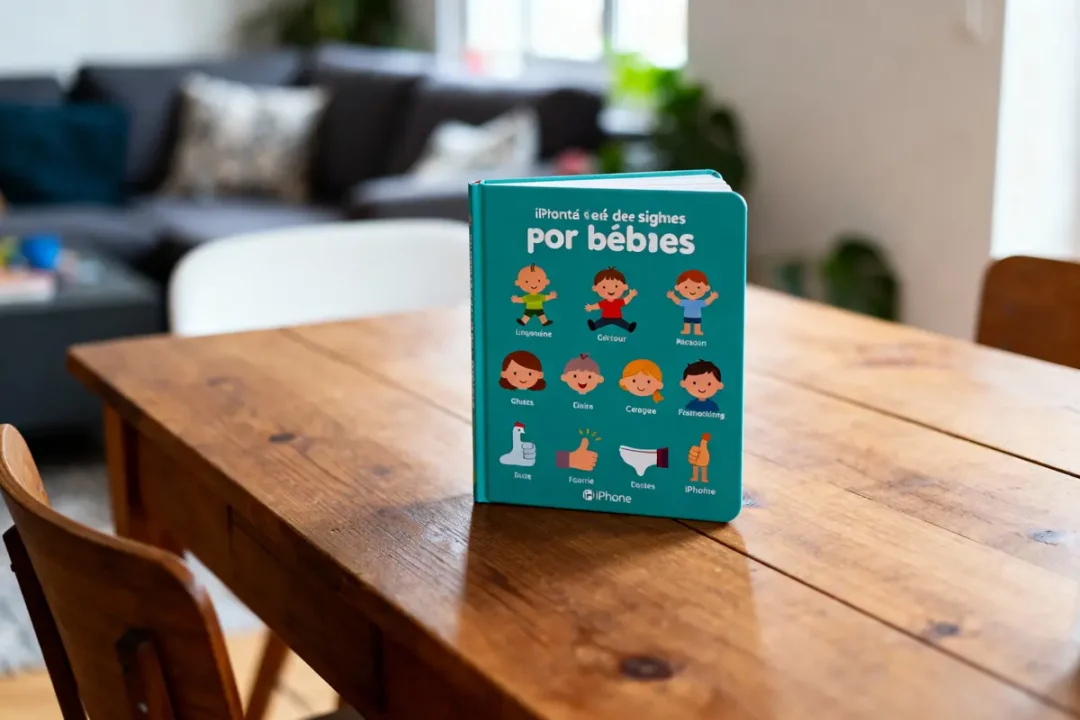 Livre humoristique intitulé "iPoné, céé deé signes por bébies", posé sur une table en bois.