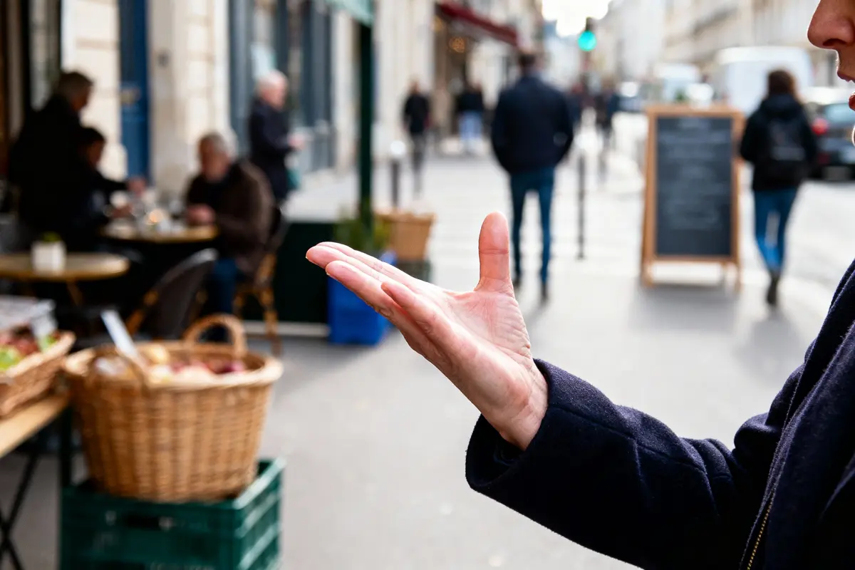 Main tendue devant café en terrasse, rue animée avec passants flous en arrière-plan.