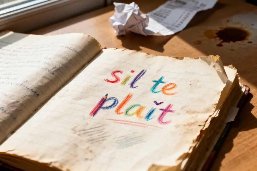 Livre ouvert avec "s'il te plaît" en lettres colorées, sur une table ensoleillée, tache de café, papier froissé.