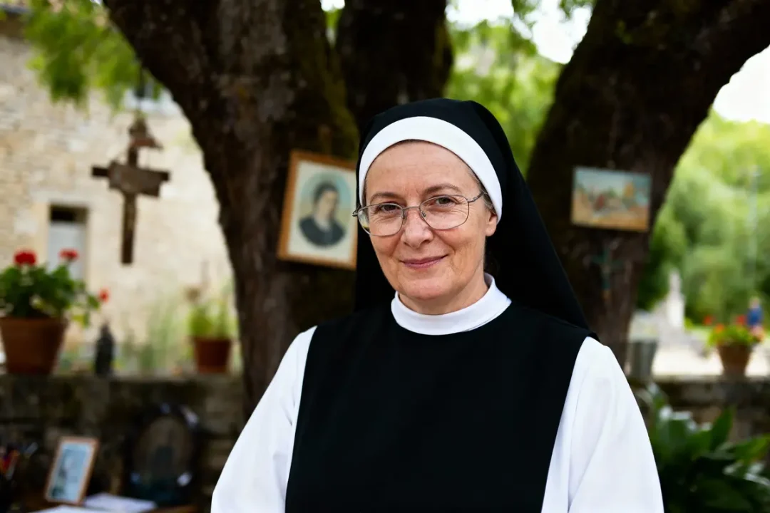 Religieuse souriante avec lunettes et voile noir, debout devant un arbre, décor extérieur religieux en arrière-plan.
