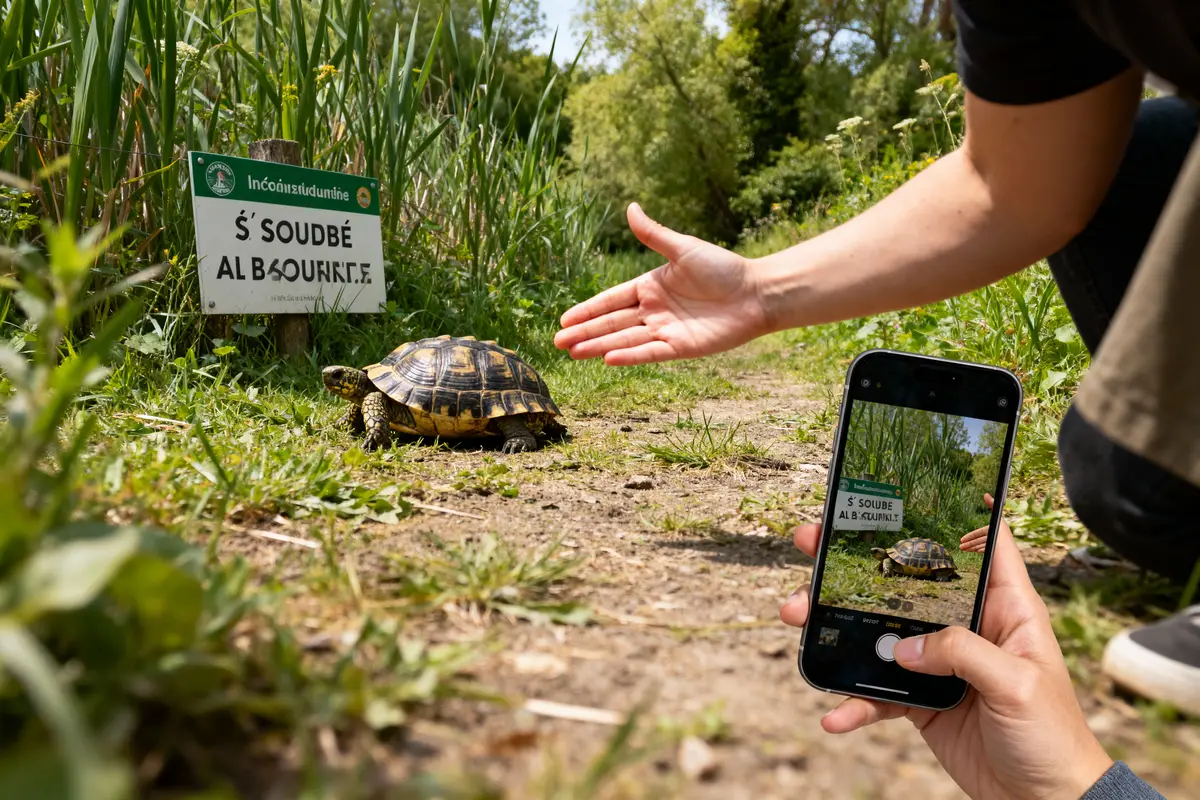 Une main photographie une tortue devant un panneau illisible dans un environnement naturel verdoyant.