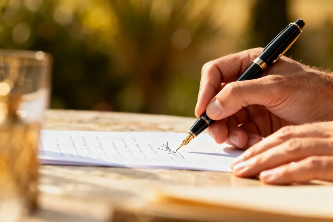 Main signant document avec stylo plume, sur table ensoleillée, verre flou à gauche.