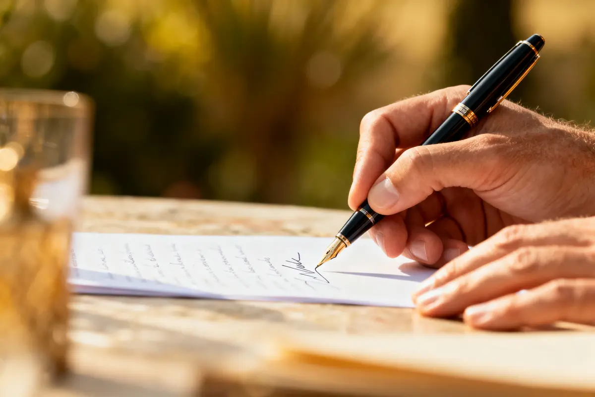 Main signant document avec stylo plume, sur table ensoleillée, verre flou à gauche.