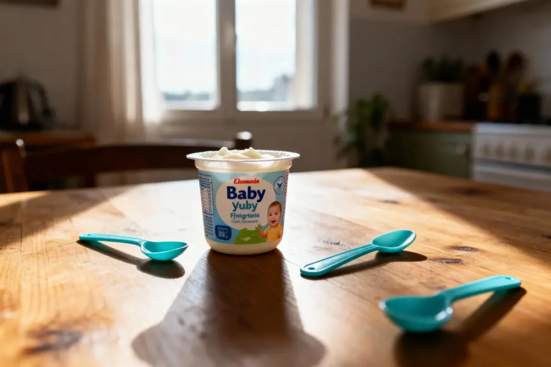 Yaourt « Baby Yuby » sur table en bois, trois cuillères bleues autour, intérieur ensoleillé, cuisine floue.