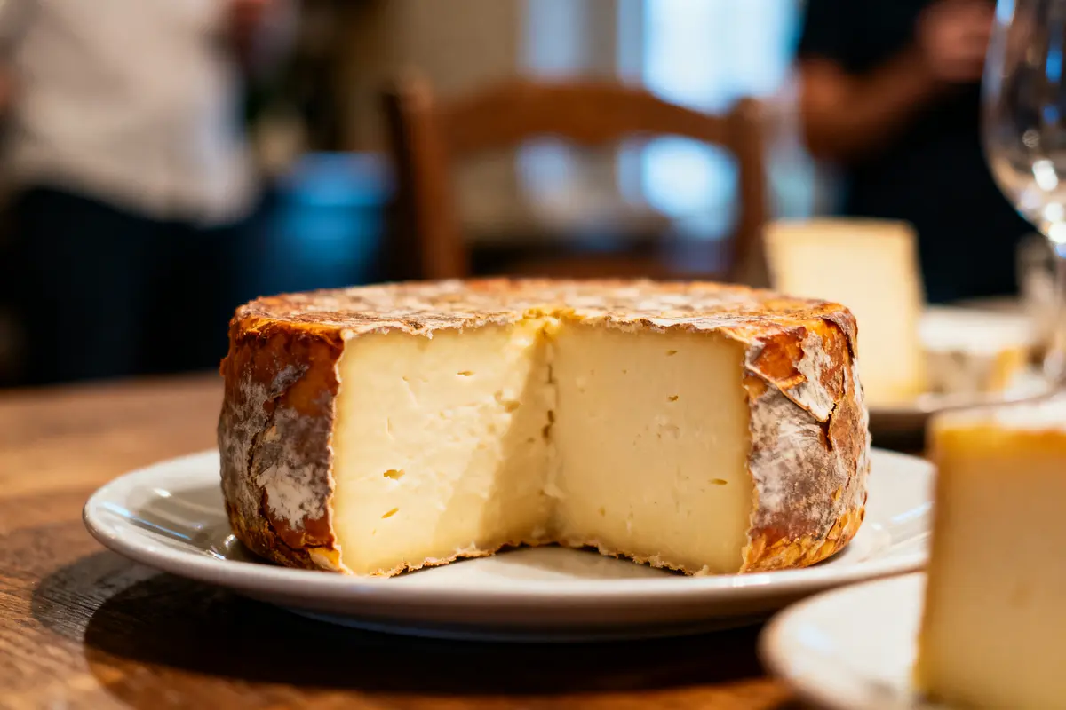Gros plan d'un fromage à pâte crémeuse avec une croûte dorée sur une assiette blanche.