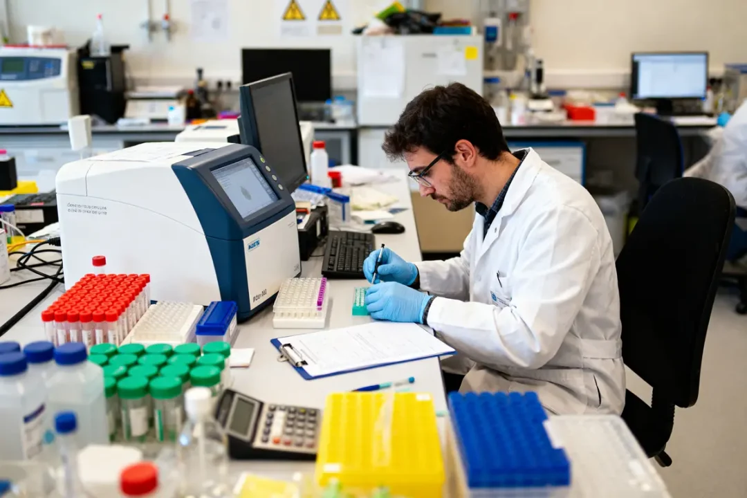 Un scientifique travaille en laboratoire avec équipements de recherche, gants bleus, lunettes, sur une expérience.