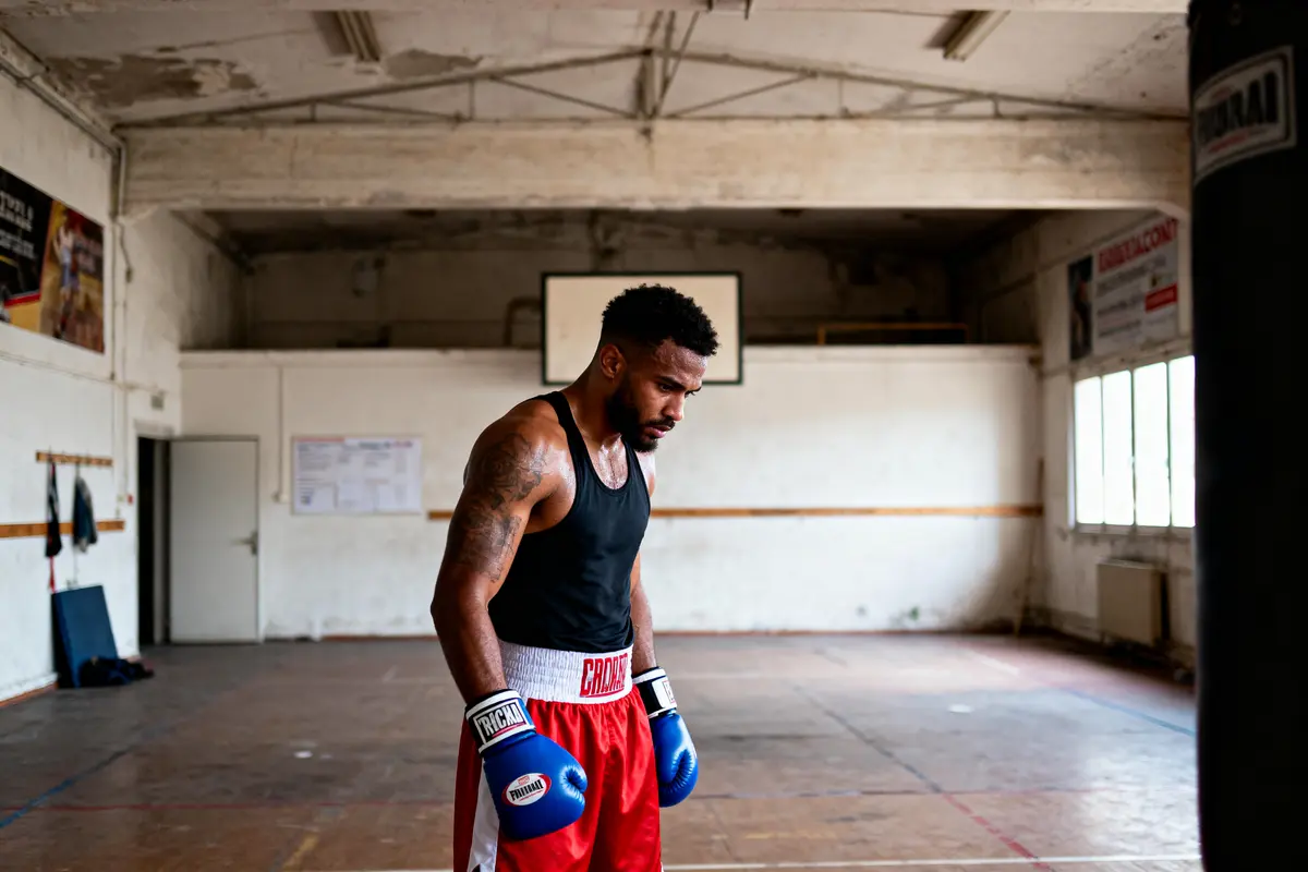 Boxeur portant des gants bleus, debout dans une salle de sport vide, concentré.