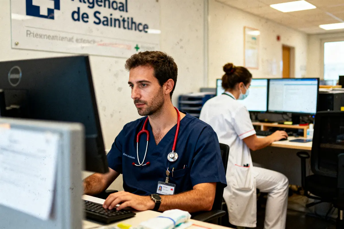 Deux professionnels de santé travaillent sur ordinateurs dans un hôpital, avec un stéthoscope visible.