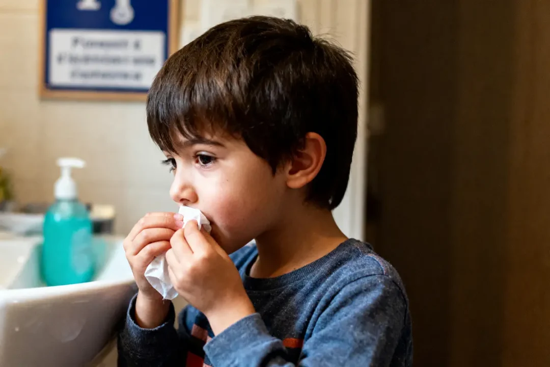 Enfant essuie bouche avec mouchoir, près d'un lavabo et distributeur savon.