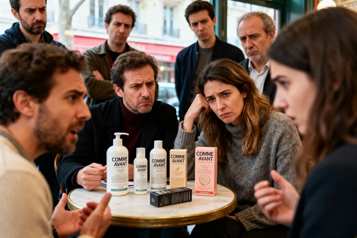 Groupe de personnes sérieuses discutant autour de produits cosmétiques "Comme Avant" sur une table ronde.