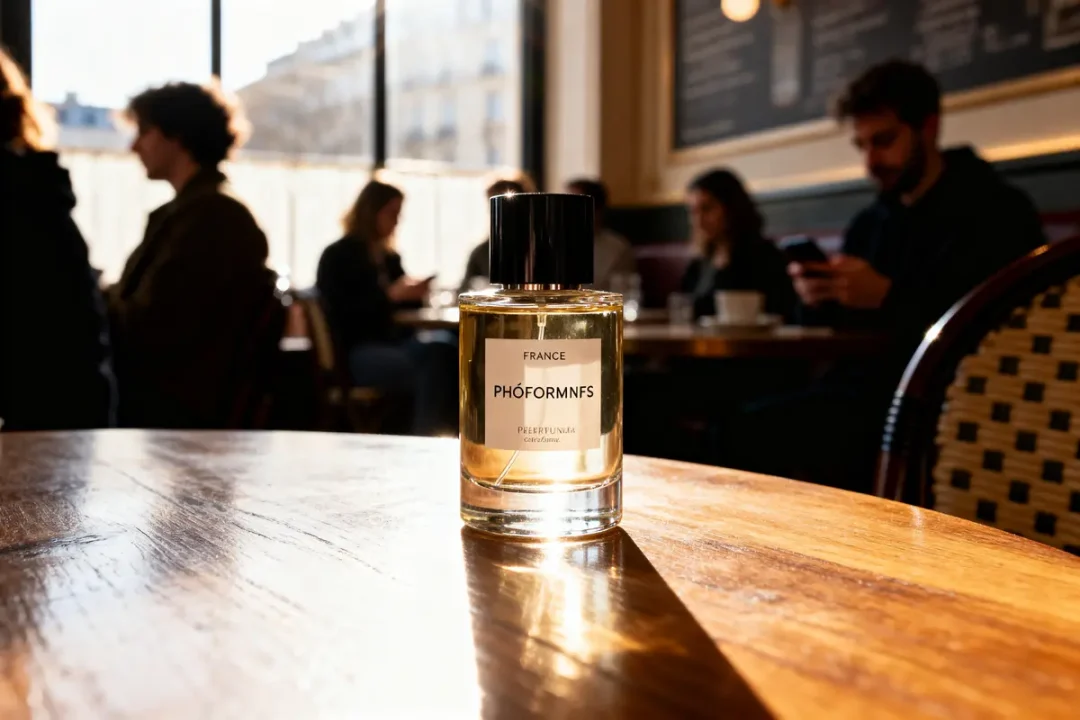 Bouteille de parfum sur table en bois dans café lumineux, personnes floues en arrière-plan.