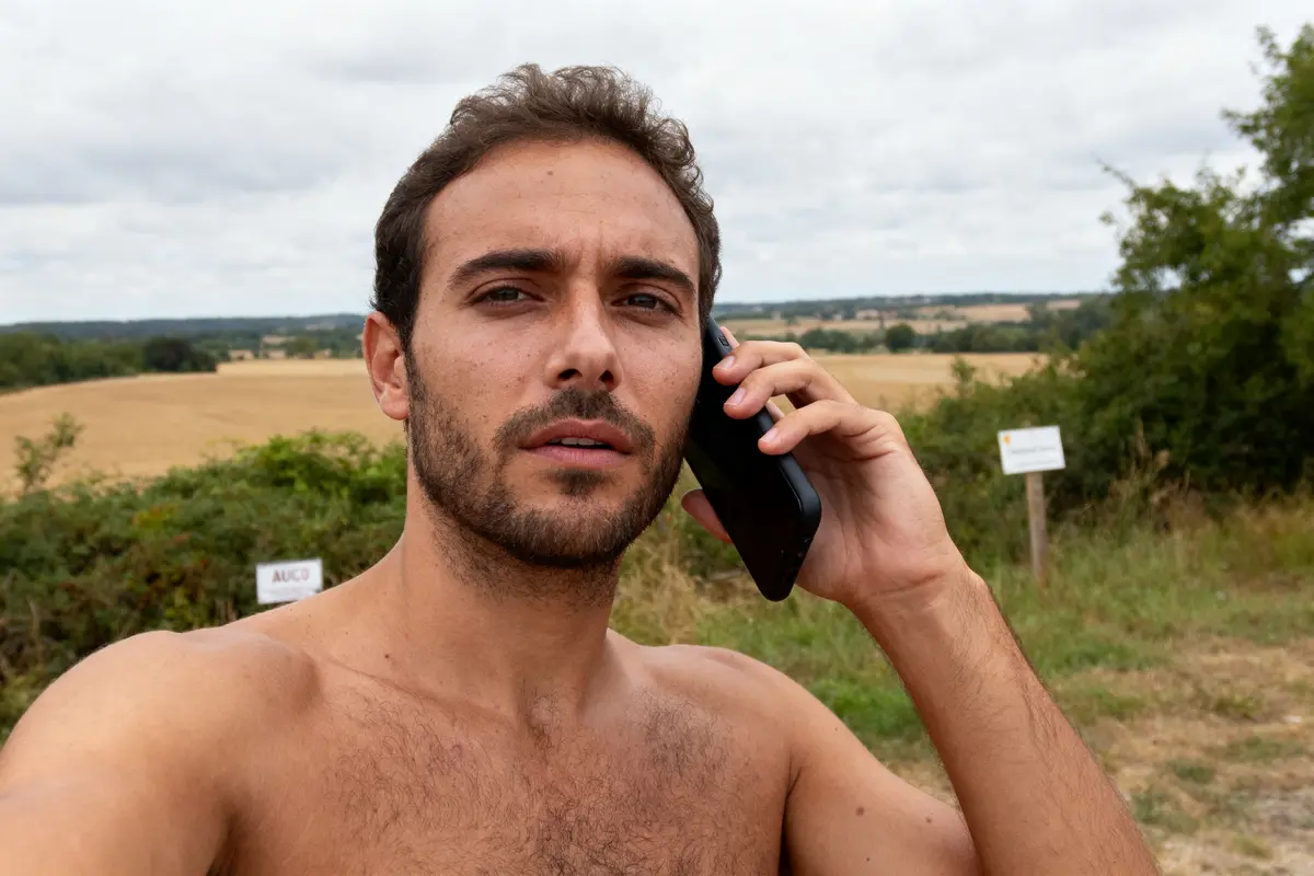 Homme torse nu, tenant un téléphone, dans un champ, ciel nuageux, deux panneaux blancs à l'arrière-plan.