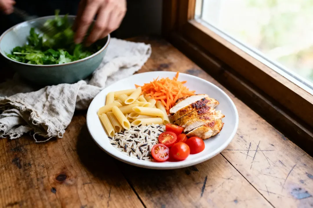 Assiette avec poulet, pâtes, riz sauvage, carottes, tomates. Bol de salade mélangée à côté sur table bois.