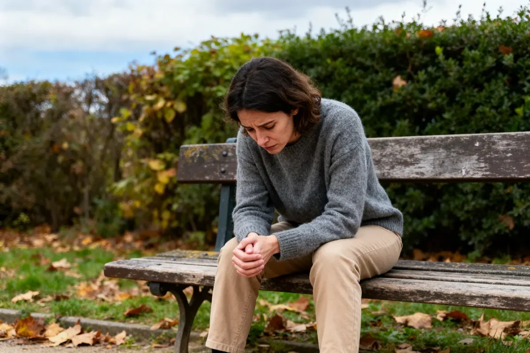 Femme pensive assise sur un banc en bois, automne, feuilles mortes autour.