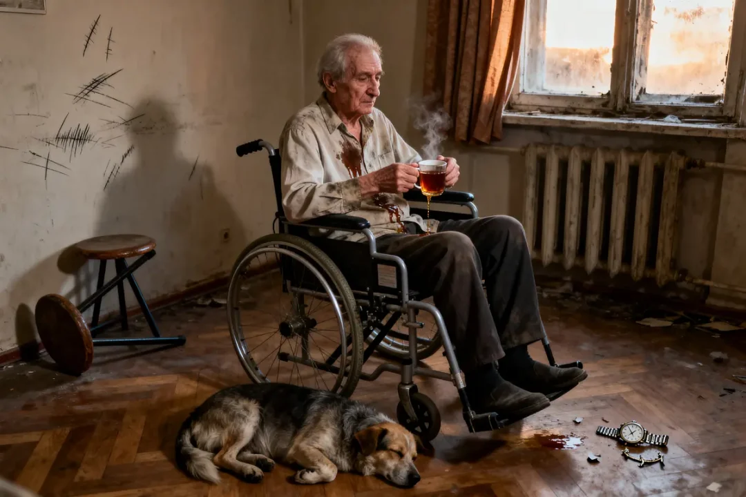 Vieil homme en fauteuil roulant renversant du thé, chien dormant à côté, mur griffé, chambre vétuste.