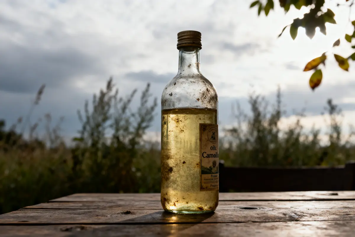 Bouteille d'huile sur table en bois, lumière naturelle, arrière-plan végétation floue.