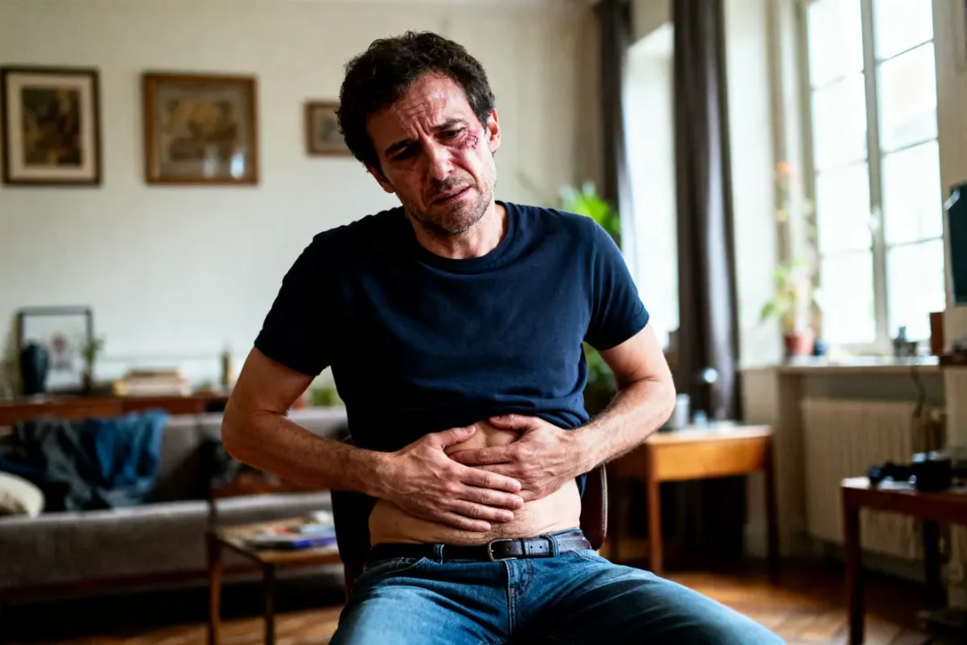 Homme en T-shirt bleu douloureux tenant son ventre, assis dans un salon éclairé.