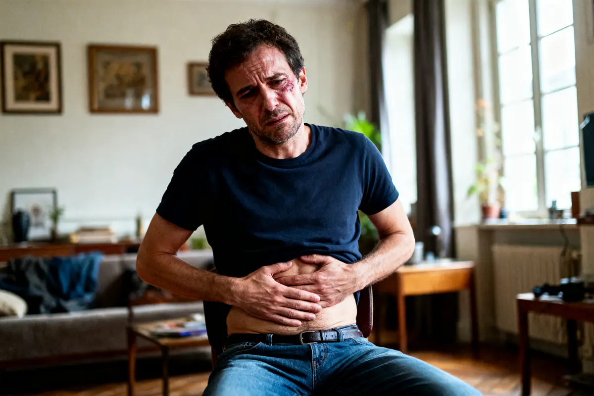 Homme en T-shirt bleu douloureux tenant son ventre, assis dans un salon éclairé.