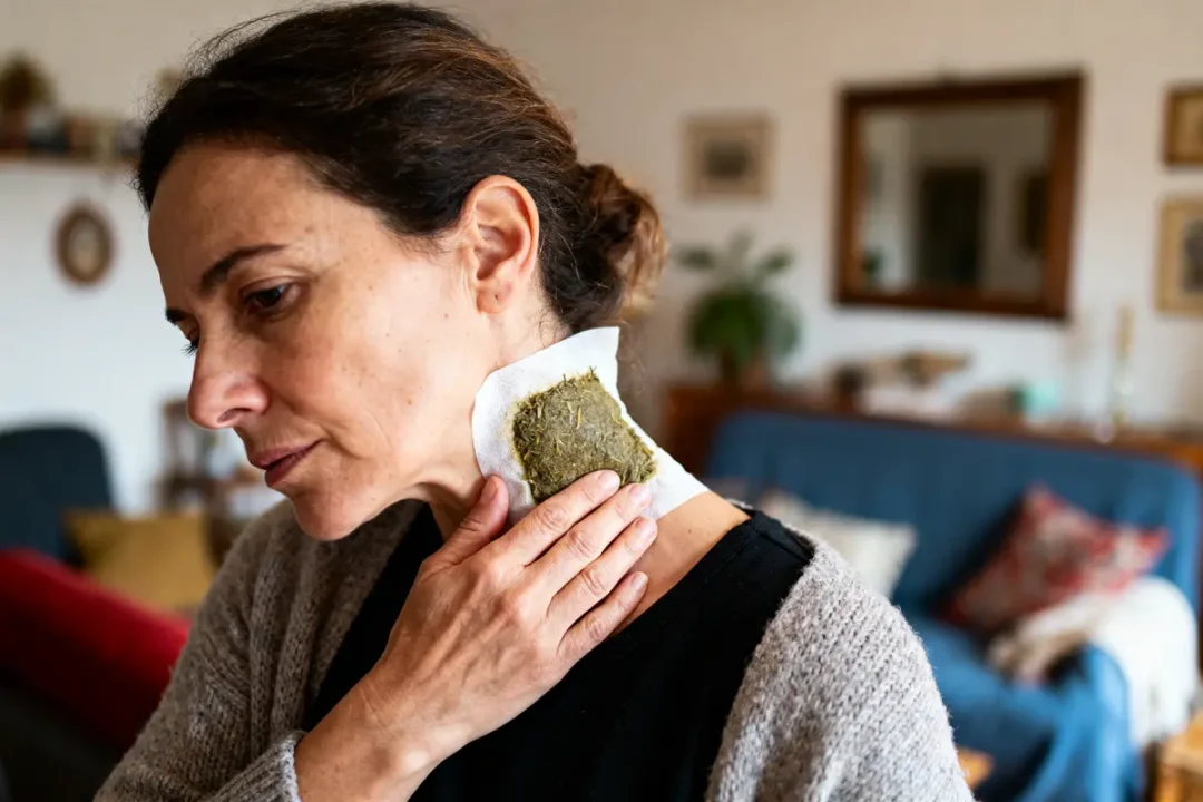 Femme appliquant un cataplasme à base de plantes sur son cou dans un salon cosy.
