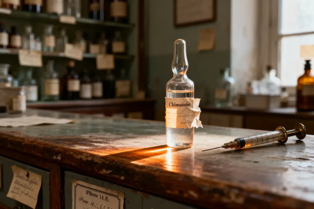 Flacon étiqueté "Chimioioine" sur un bureau en bois, entouré de flacons, seringue vintage et étagères de laboratoire.