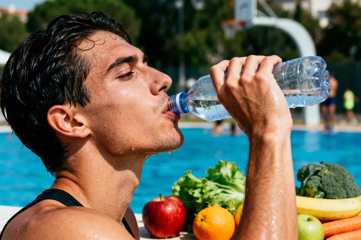 Homme buvant de l'eau près d'une piscine, fruits et légumes au premier plan.