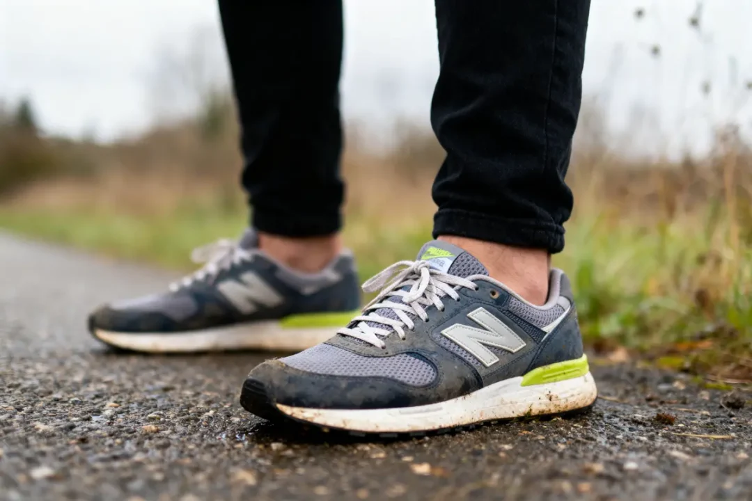 Personne portant des baskets gris sur une route mouillée dans un paysage flou, herbes en arrière-plan.