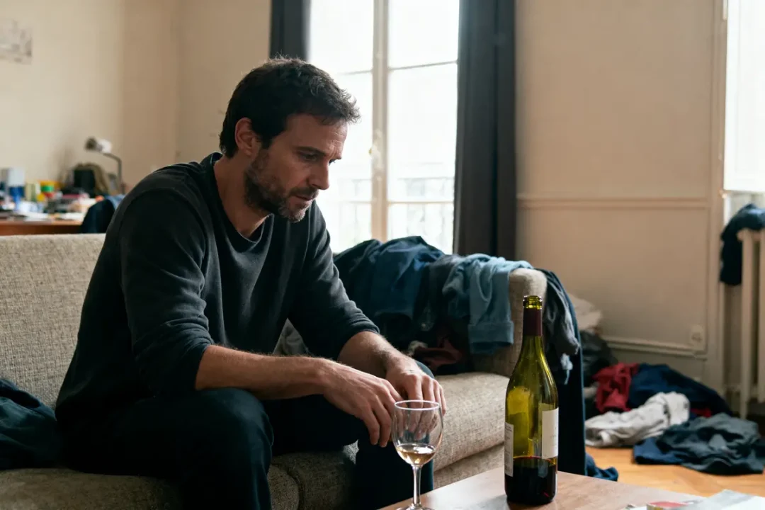 Un homme pensif s'assoit sur un canapé, entouré de vêtements désordonnés, avec un verre de vin.