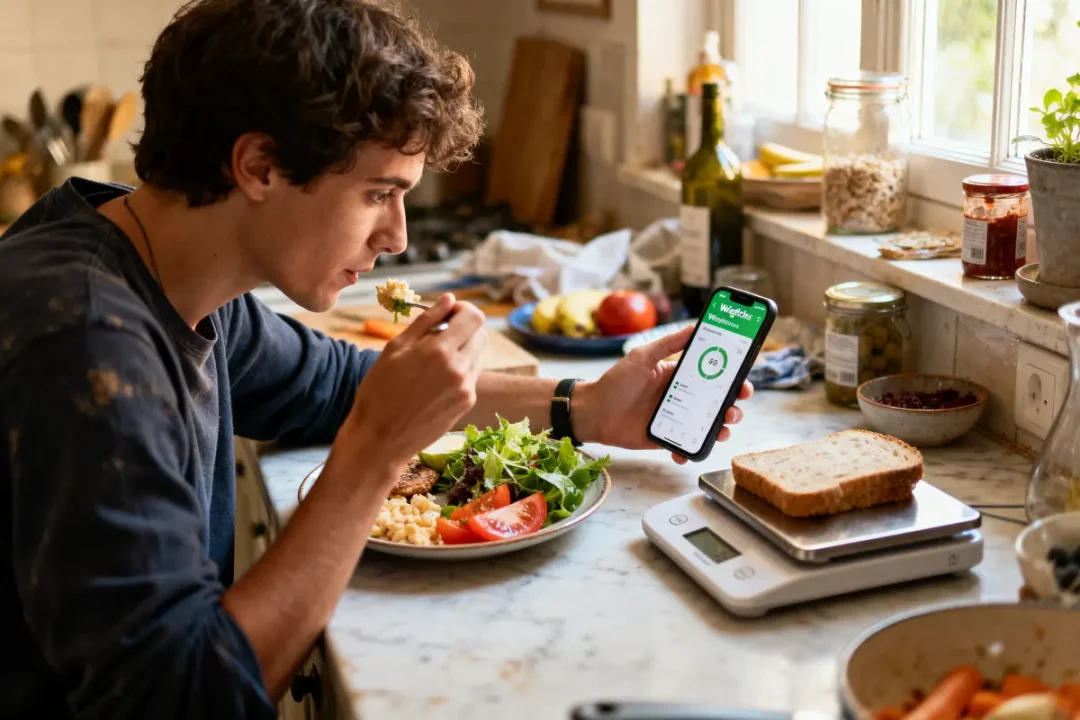 Homme mangeant salade tout en consultant application de santé sur smartphone dans une cuisine accueillante.
