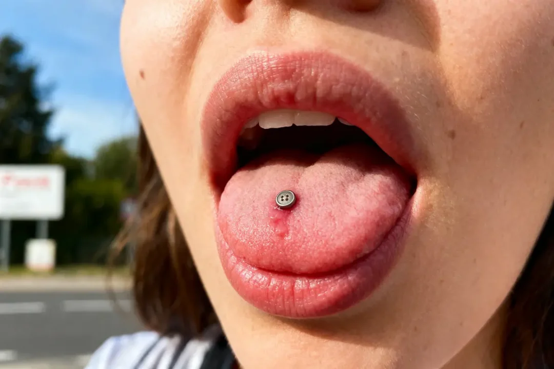 Gros plan d'une personne avec un piercing circulaire argenté sur la langue, extérieure, arrière-plan flou.
