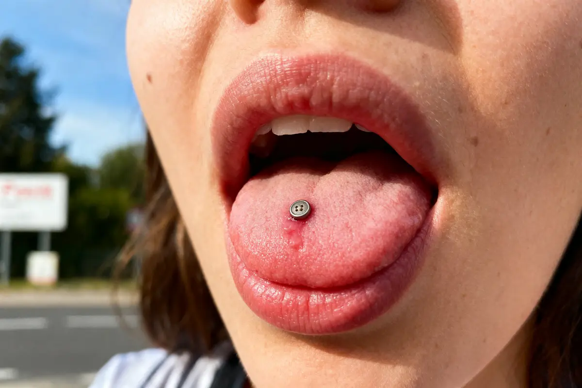 Gros plan d'une personne avec un piercing circulaire argenté sur la langue, extérieure, arrière-plan flou.