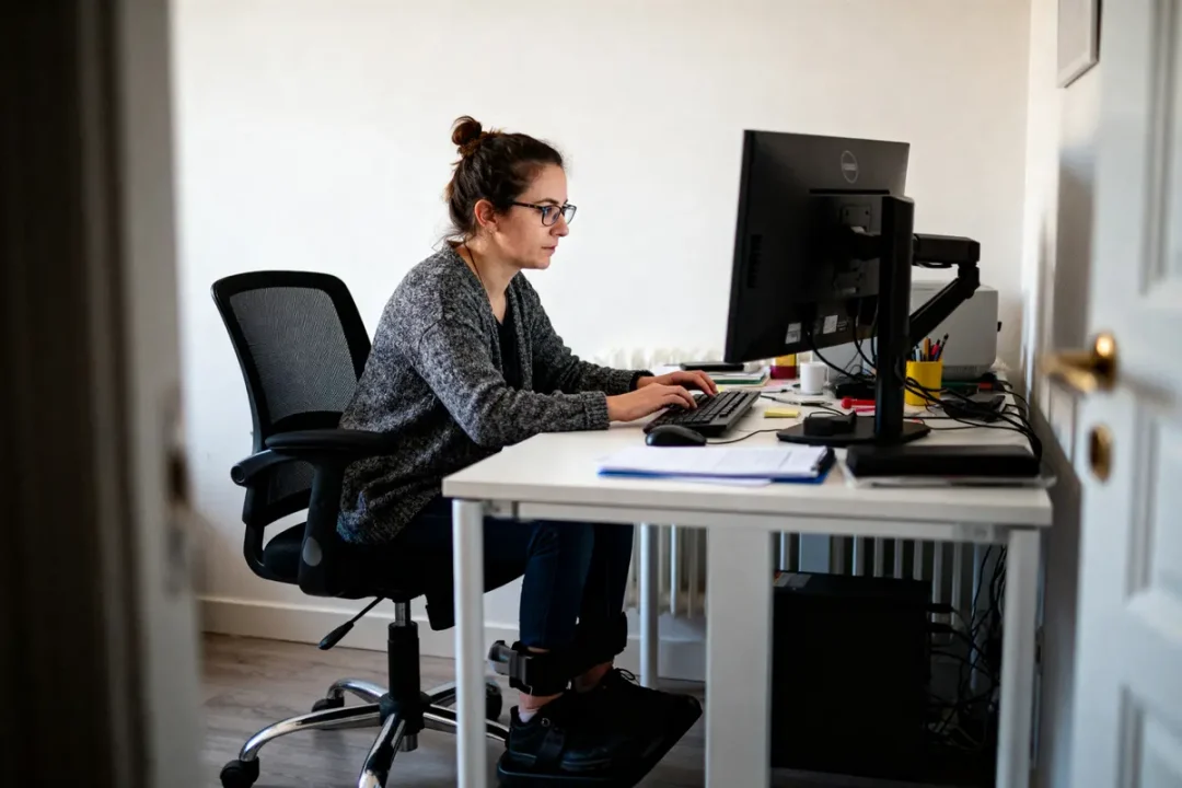 Femme au bureau, concentrée sur l'ordinateur, utilisant un clavier avec divers articles de papeterie sur la table.