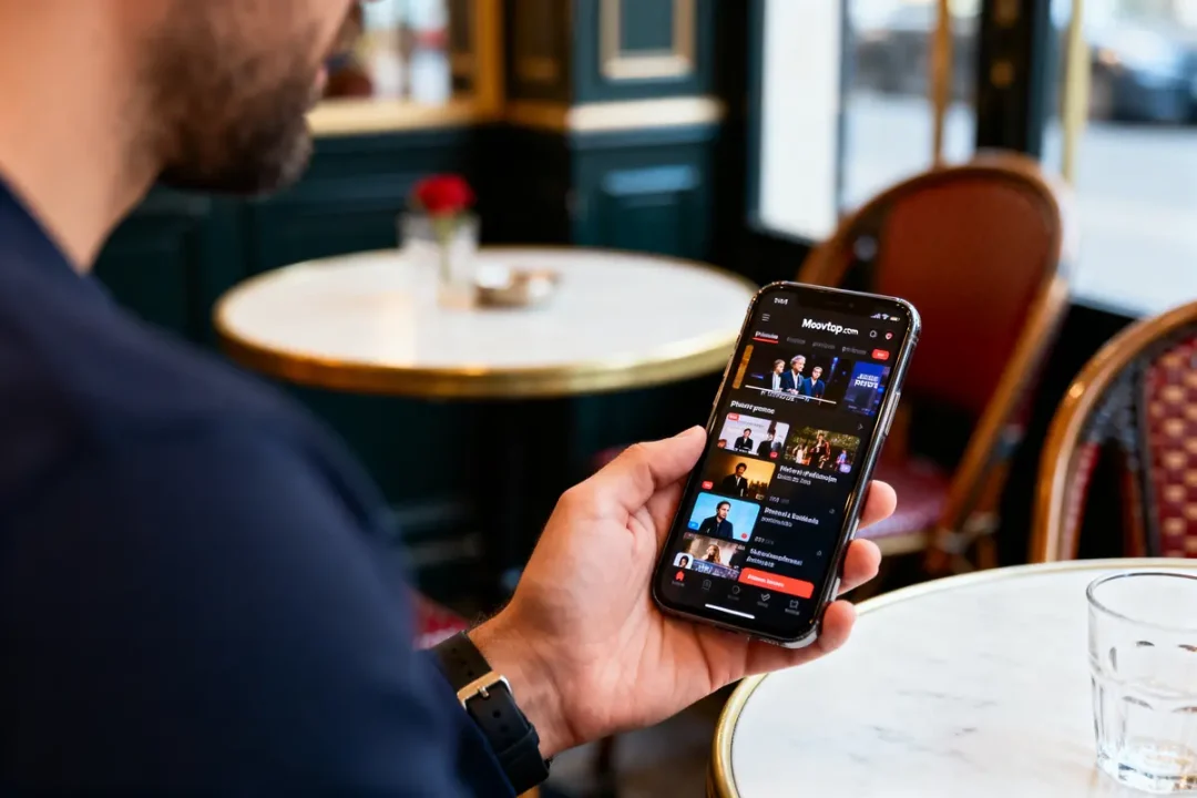 Un homme tenant un smartphone, affichant une application de vidéos en ligne, dans un café avec tables blanches.