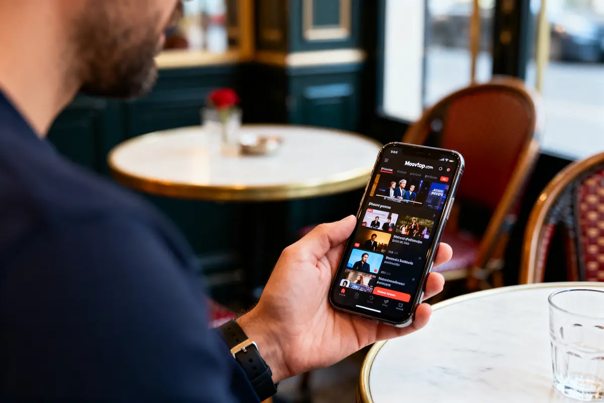 Un homme tenant un smartphone, affichant une application de vidéos en ligne, dans un café avec tables blanches.
