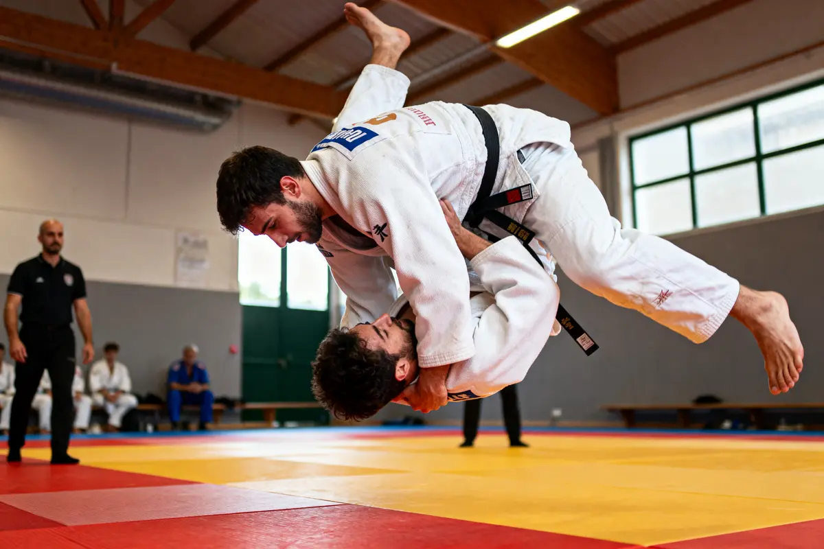 Deux judokas en kimonos blancs pratiquent une projection sur tatami, observés par un arbitre dans un dojo.
